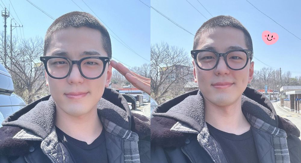 Kim Min Kyu greets fans with a shaved head selca on his way to begin his mandatory service