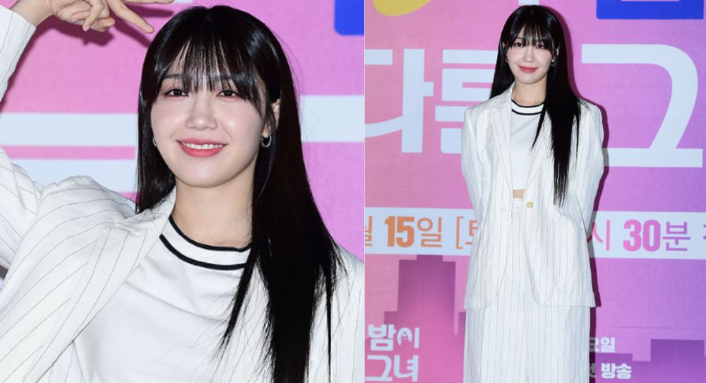 Jung Eun Ji Stuns in Chic White Striped Suit, Flaunting Her Toned Abs